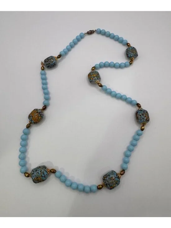Blue Glass Lampwork Gold Foil Bead Necklace 24” Gold Tone Robins Egg Artisan - Picture 2 of 10